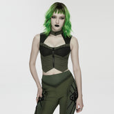 WY-1906MJF Edgy Zippered Olive Mesh Punk Vests Gothic Style