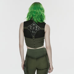WY-1906MJF Edgy Zippered Olive Mesh Punk Vests Gothic Style