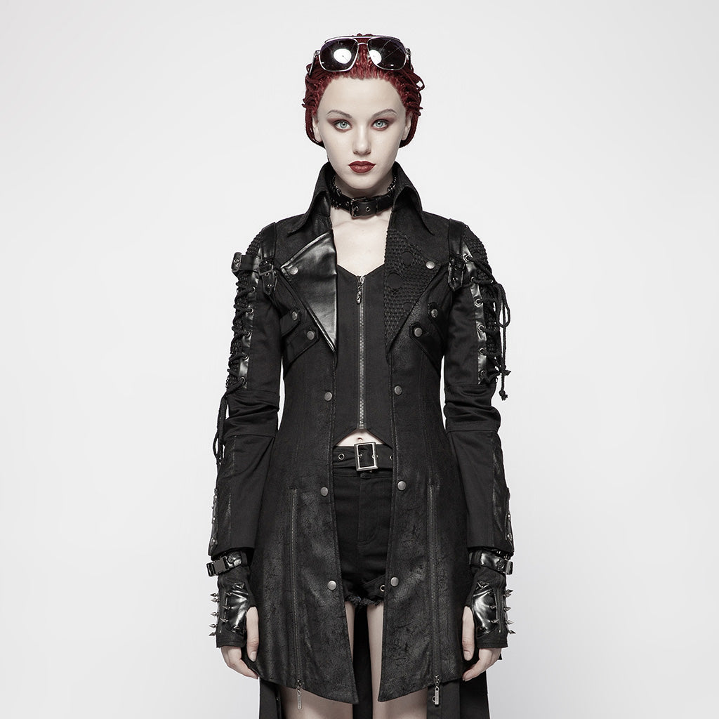 Popular Punk Rave Jacket Y-349 Studded Special Hot Fit Leather Long Gothic Coat For Women?-??Punk Rave Clothing