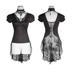T-454 Swallow Tail Jacquard Short Sleeve Lace Gothic T-shirts -  Punk Rave Clothing
