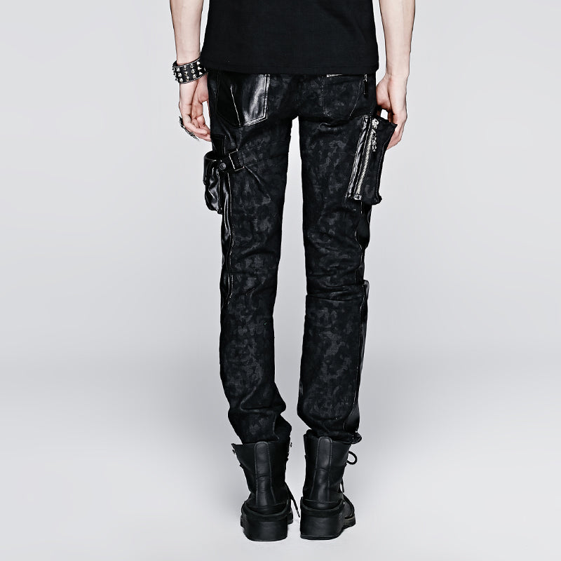 K-213 With Pocket Camouflage Splicing New Leather Jean Punk Pants