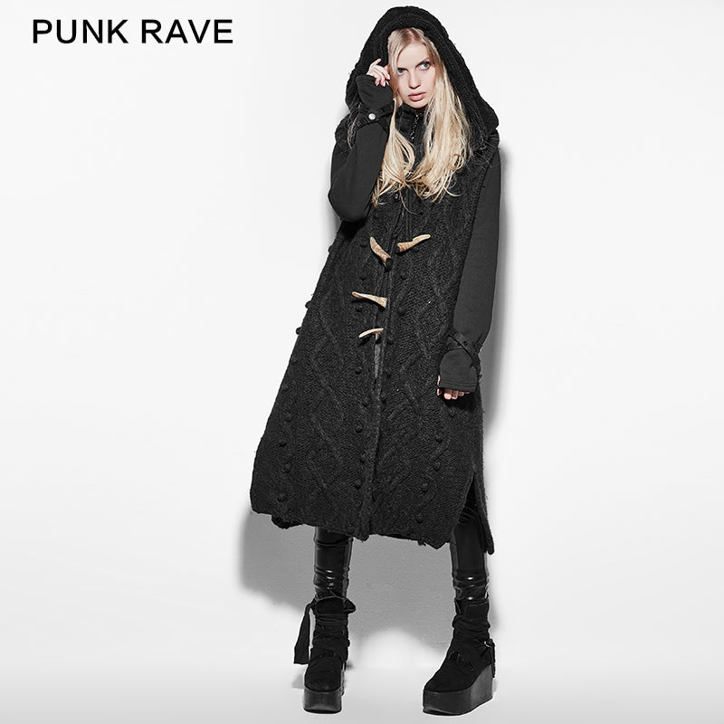 PM-039 black Mechanism Of Pattern Loose Sleeveless Hooded Punk Sweaters