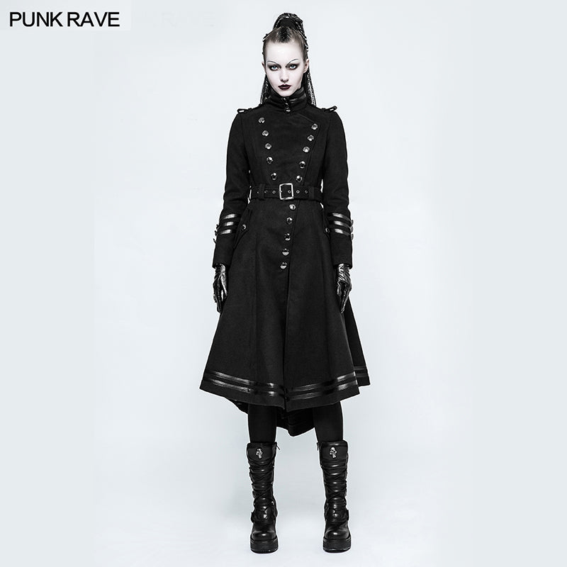 Y-766 Asymmetry Worsted Long Punk Coat Women black Military Uniform