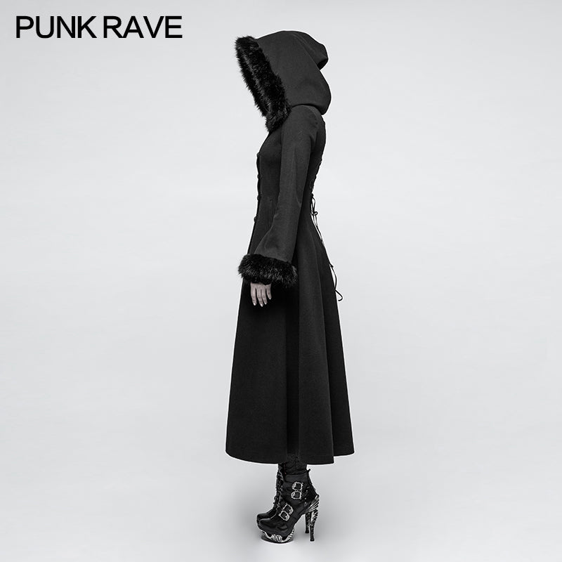 Y-796 Women Disc Flowers Worsted Long Gothic Coat With Hooded