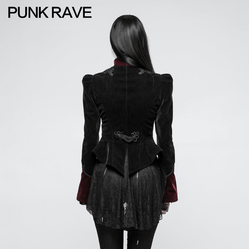 Y-769 Women Scissor-tail Velvet Short Gothic Jackets With black-red Rose Lace