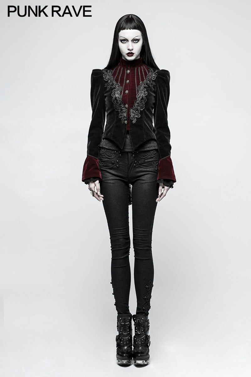 Y-769 Women Scissor-tail Velvet Short Gothic Jackets With black-red Rose Lace