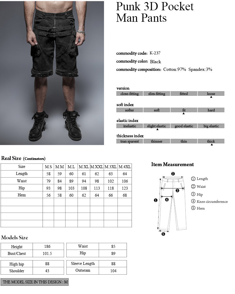 3D Pockets K-237 black Washing Rock Short Punk Pants