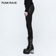 K-297 black Grid Stitching Leather Punk Pants With Leg Zipper Design