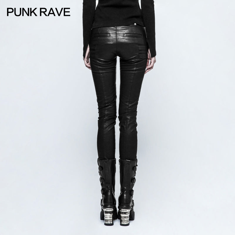 K-297 black Grid Stitching Leather Punk Pants With Leg Zipper Design