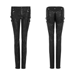 K-297 black Grid Stitching Leather Punk Pants With Leg Zipper Design