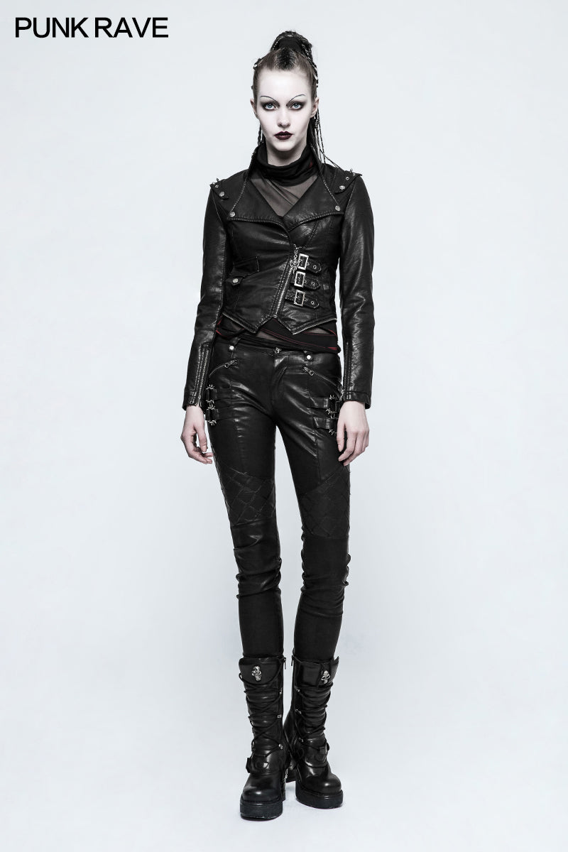 K-297 black Grid Stitching Leather Punk Pants With Leg Zipper Design