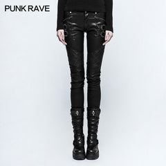 K-297 black Grid Stitching Leather Punk Pants With Leg Zipper Design