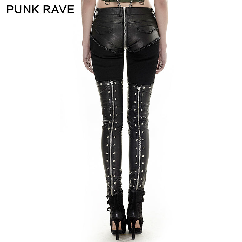 K-249 Metallic Boot-shape Zipper Legs Skinny Leather Gothic Pants With Belts