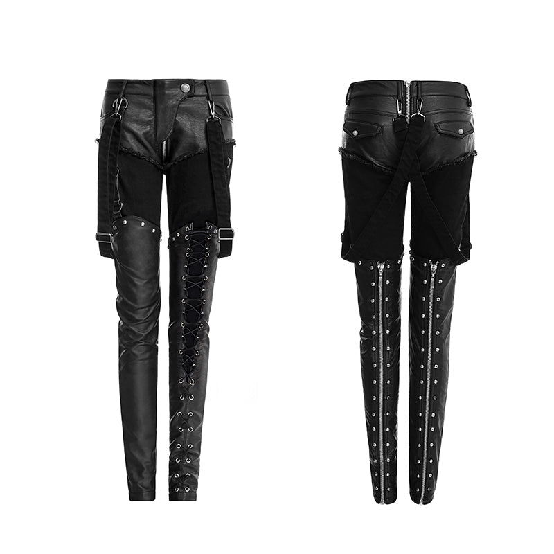 K-249 Metallic Boot-shape Zipper Legs Skinny Leather Gothic Pants With Belts