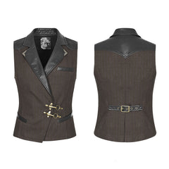 WY-929 Mens Steampunk Vest Leather Stitched Dark Printed Waistcoat With Copper Buckle