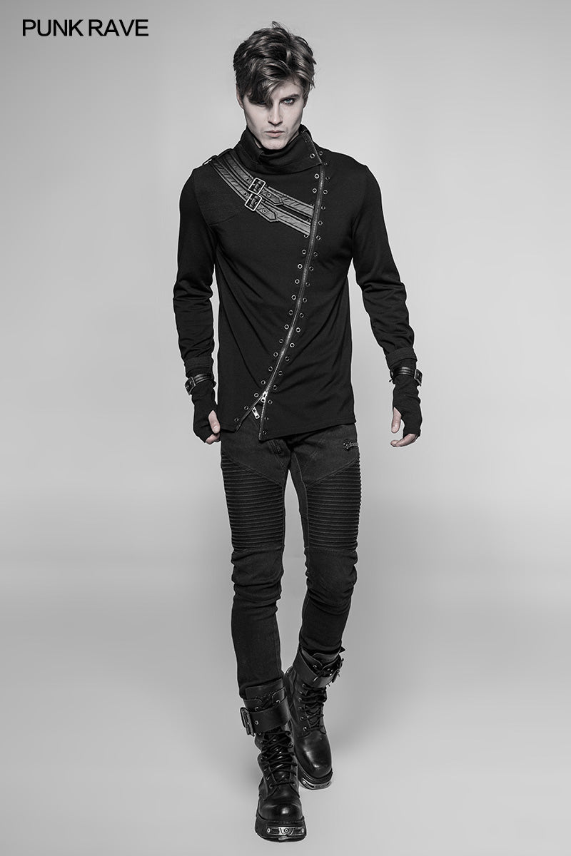 WT-527 Mens Punk Beveled Zipper Elastic Knitting T-shirt Dark Turtleneck Sweater?-??Punk Rave Clothing