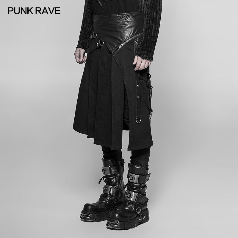 WQ-372 Mens Dark Punk Leather Splicing Personality Pleated Skirt