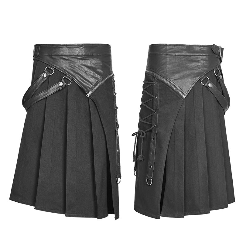 WQ-372 Mens Dark Punk Leather Splicing Personality Pleated Skirt