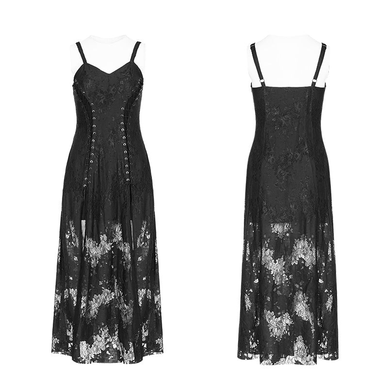 OPQ-379 Gothic Dark Vintage Lace Strap Split Dress With Floral Design