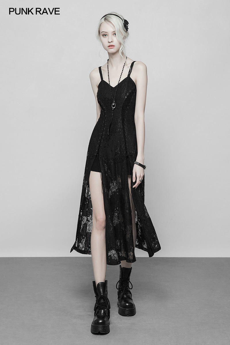 OPQ-379 Gothic Dark Vintage Lace Strap Split Dress With Floral Design