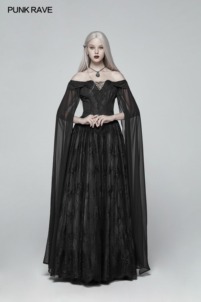 WQ-383 Retro And Elegant Dark Gothic Off Shoulder Victoria Long Lace Dress