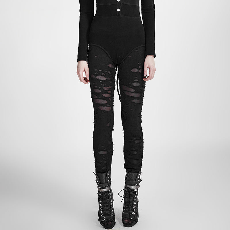 K-099 Gothic High-Waist Ripped Leggings Punk Faux Leather Look