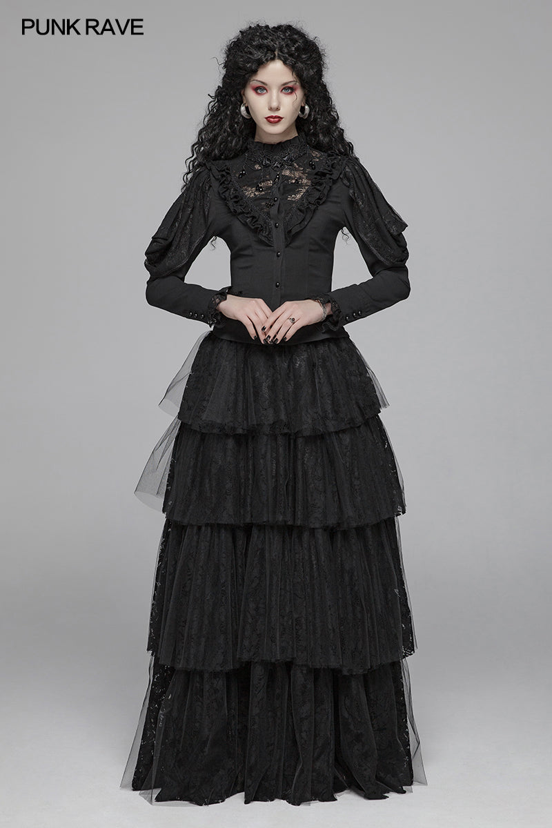 WY-1042 Gothic Long Shirt With Irregular Hollow-out Lace Design For Women?-??Punk Rave Clothing