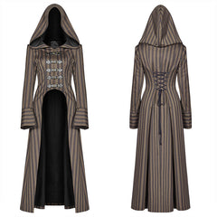 WY-1034 Steam Punk Hooded Striped High-low Long Coat -  Punk Rave Clothing