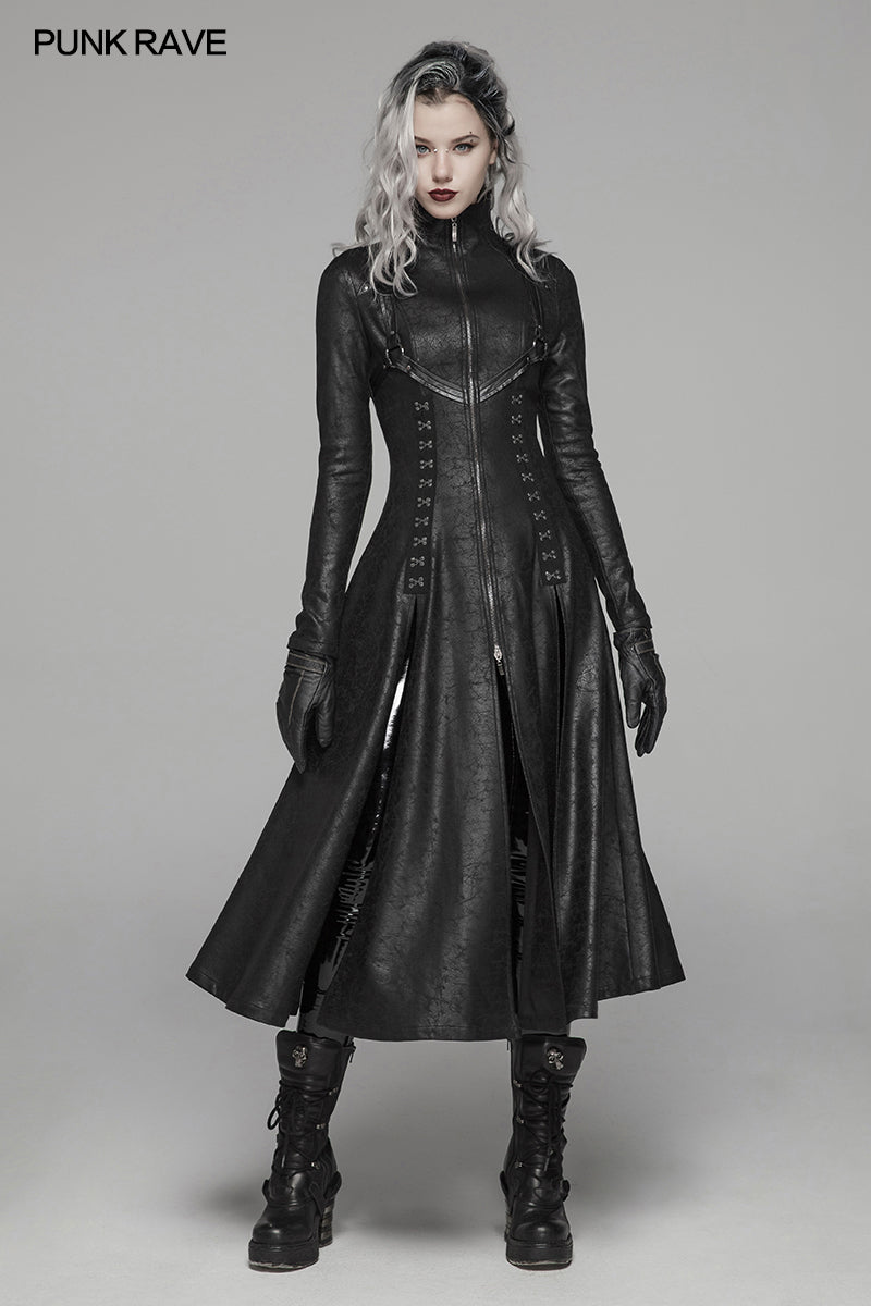 WY-1065 Dark Punk Slit Long Coat With Metal Double-head Zipper