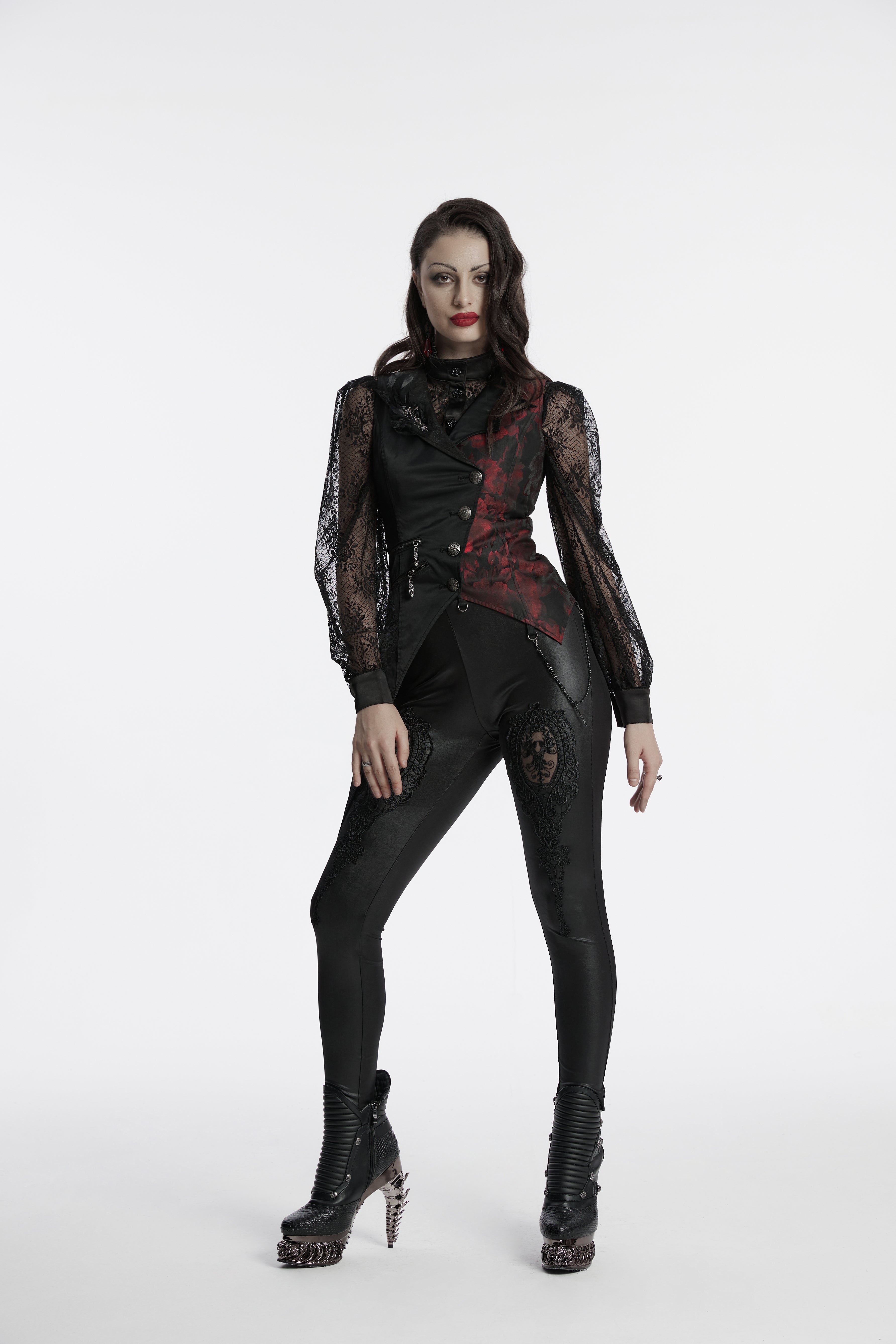 Y-330 Elegant Lace Gothic Vest with Red Embroidered Details Gothic Vest Lace-Sleeve Asymmetrical Buttoned Steampunk Waistcoat
