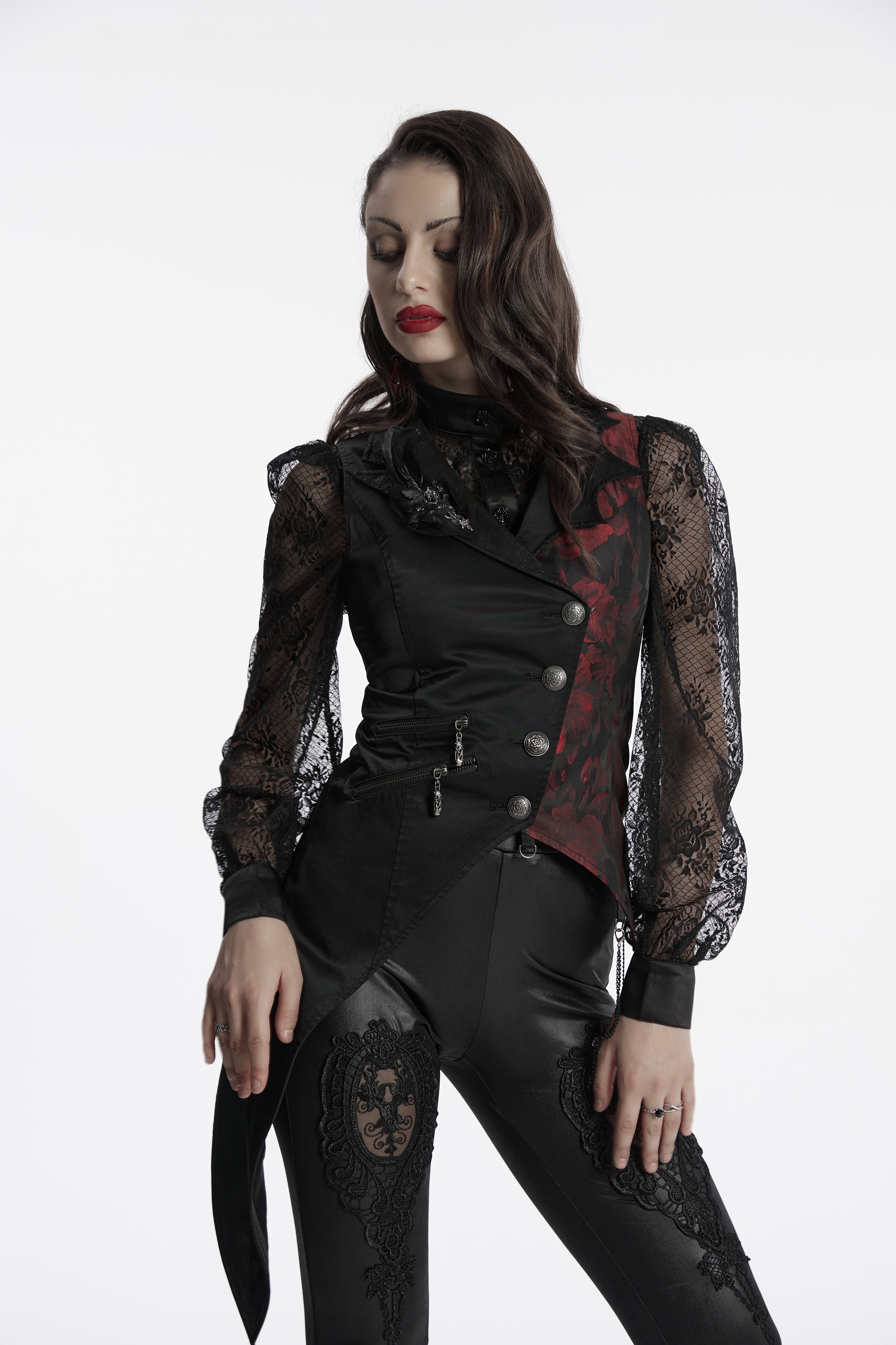 Y-330 Elegant Lace Gothic Vest with Red Embroidered Details Gothic Vest Lace-Sleeve Asymmetrical Buttoned Steampunk Waistcoat