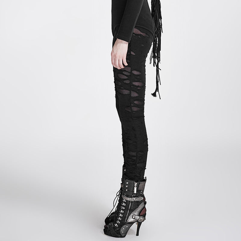 K-099 Gothic High-Waist Ripped Leggings Punk Faux Leather Look