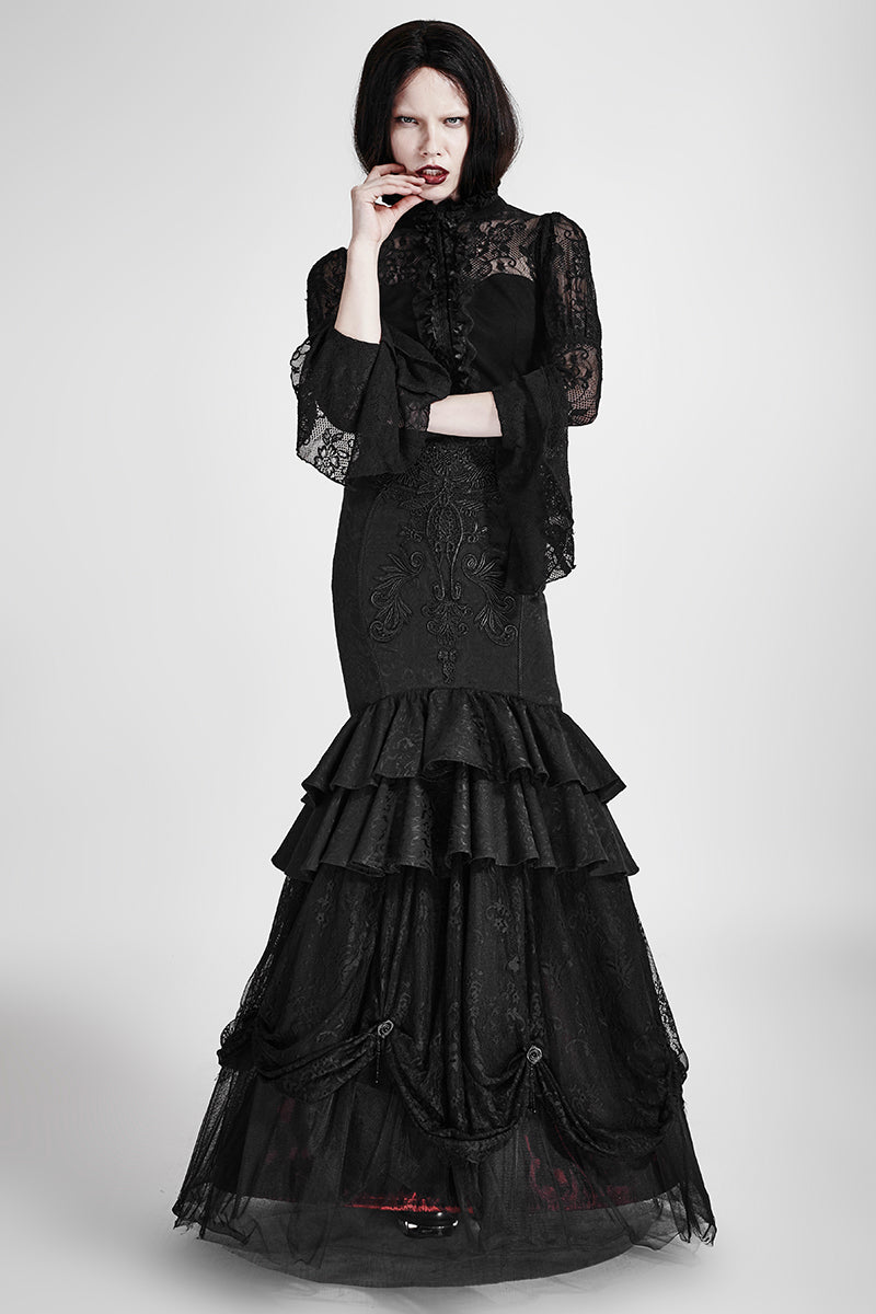 Q-297 Palace Unique black Tight Flowers Embroidery Fishtail Gothic Skirt?-??Punk Rave Clothing