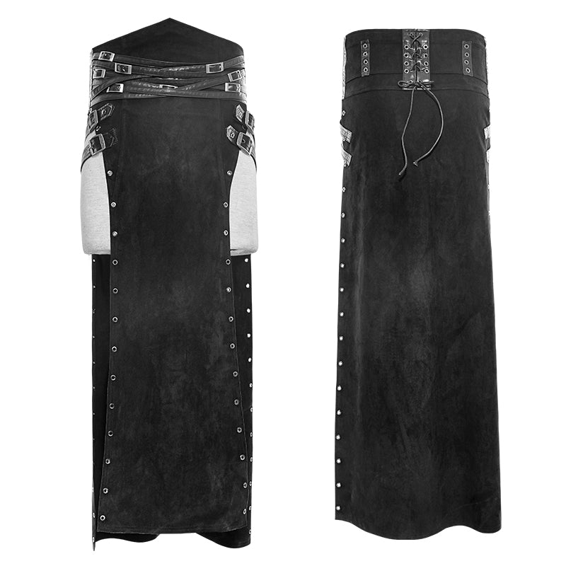 Q-298 black Wool Leather Spanking Split Punk Skirt