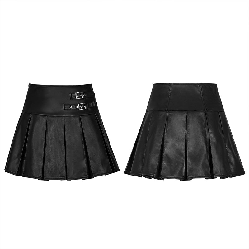 OPQ-439BQF High Waist Metal Buckle Decorative Pleated PU Half Skirt