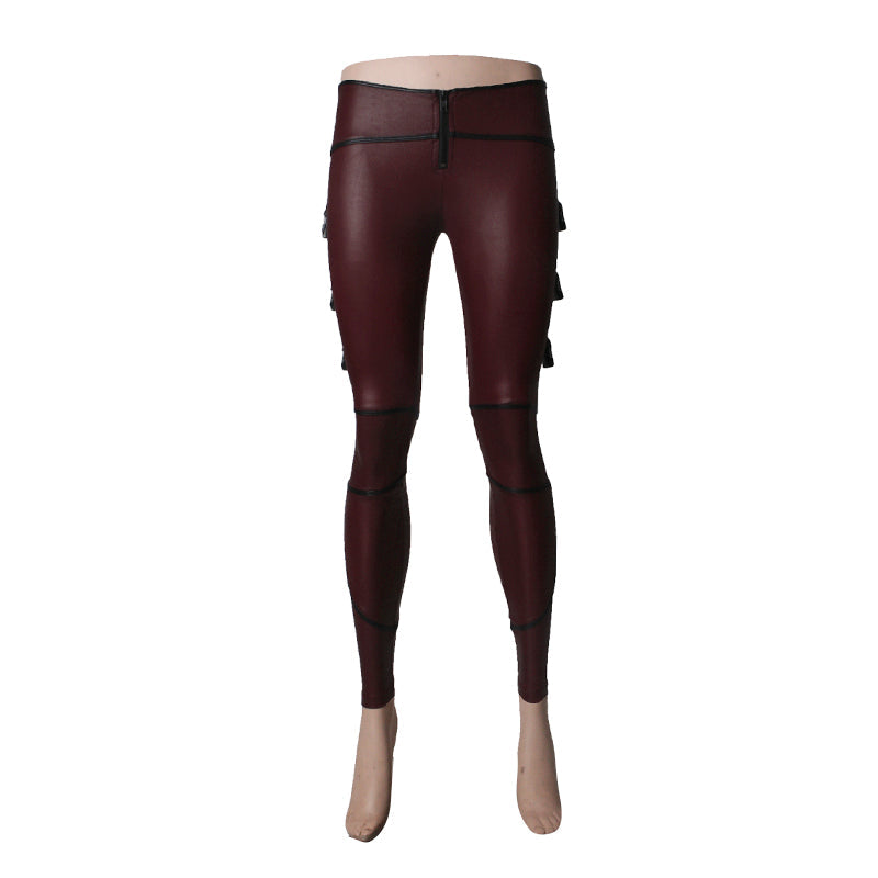 K-149 Wine Red Sexy Motorcycle Studded Belts Leather Punk Pants Leggings