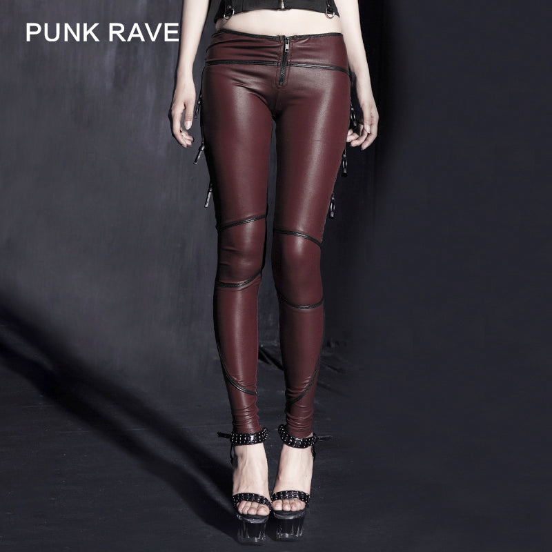 K-149 Wine Red Sexy Motorcycle Studded Belts Leather Punk Pants Leggings