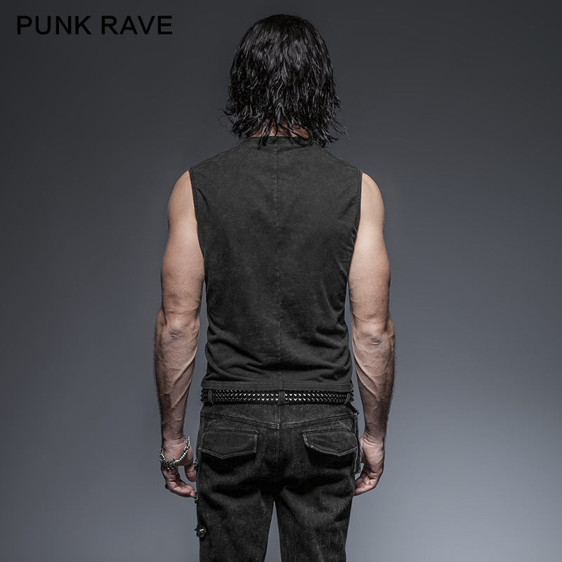 Punk Rave T-421 black Rock Cotton Leather Belt Sleeveless Punk Shirts For Men