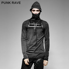 T-442 Steampunk 2 Colors Leather Loop Stylish Punk Shirts With Plain Hooded -  Punk Rave Clothing