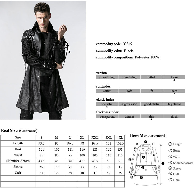 Popular Punk Rave Jacket Y-349 Studded Special Hot Fit Leather Long Gothic Coat For Men