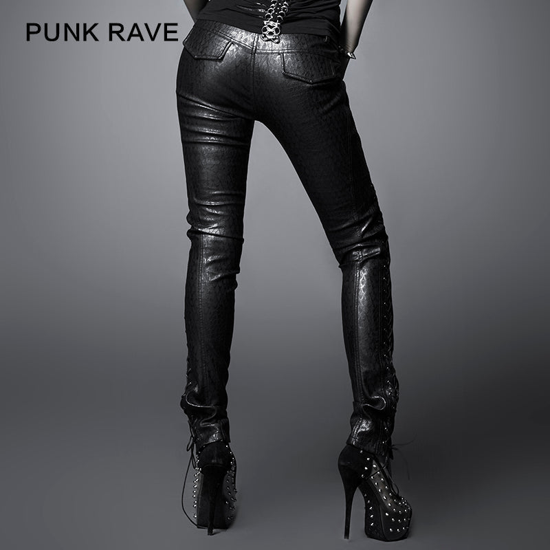 K-171 black Long Middle-waist Soft Leather Punk Pants