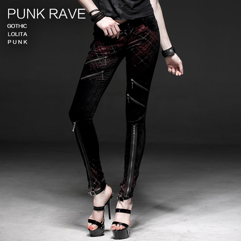 K-176 Women Plaid Material Gradual Changing Printing Long Punk Pants