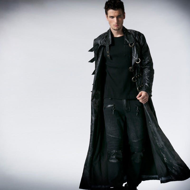 Y-549 black Long Sleeve Soft Leather Gothic Trench Coats With High Collar