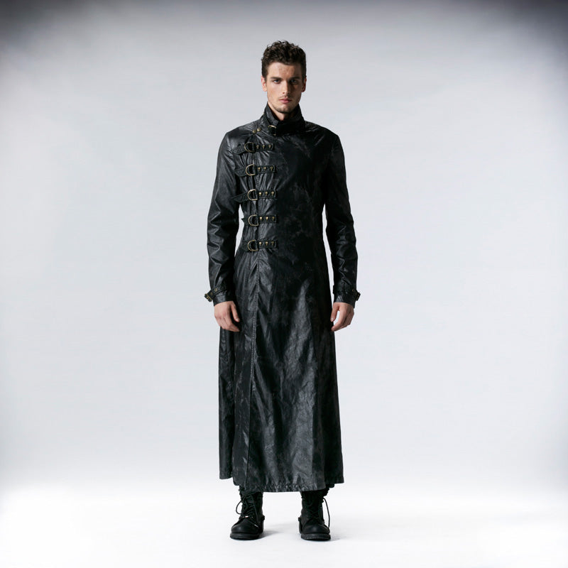 Y-549 black Long Sleeve Soft Leather Gothic Trench Coats With High Collar