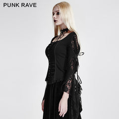 Y-683 black Long Wide Sleeves Gothic Shirt With Roses Lace Back -  Punk Rave Clothing