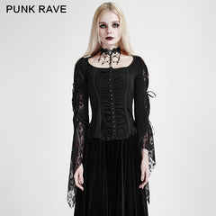 Y-683 black Long Wide Sleeves Gothic Shirt With Roses Lace Back -  Punk Rave Clothing