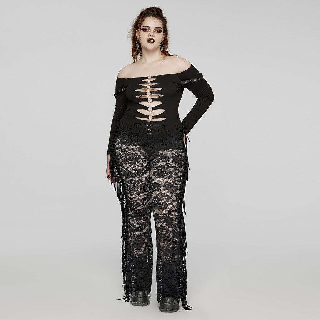 WK-610XCF Elegant Lace Flare Gothic Pants with Fringe Detailing?-??Punk Rave Clothing