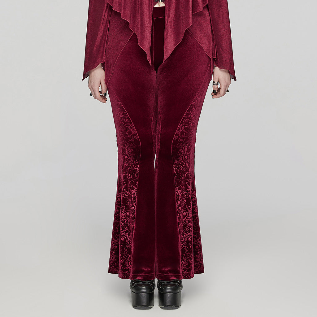 DK-640XCF Velvet Flared Gothic Pants With Embroidered Side Panels?-??Punk Rave Clothing