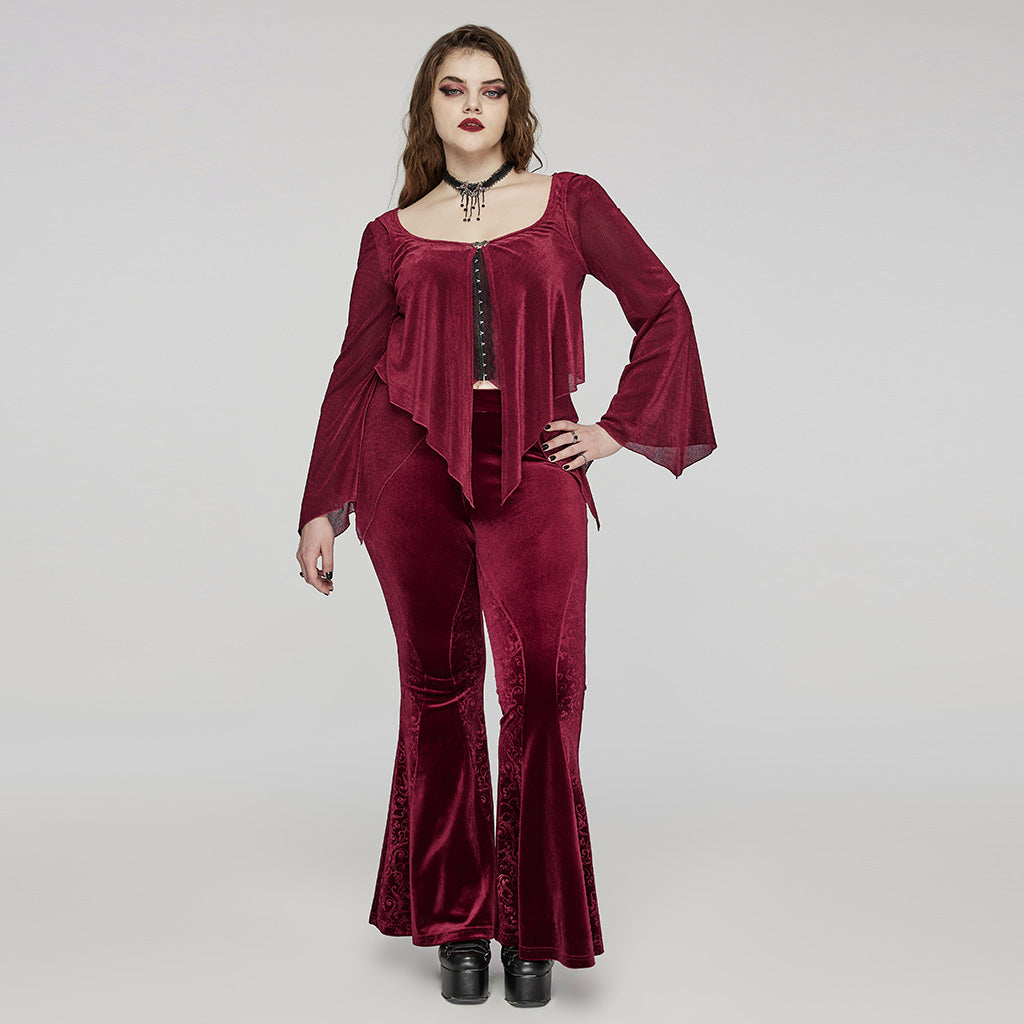 DK-640XCF Velvet Flared Gothic Pants With Embroidered Side Panels?-??Punk Rave Clothing