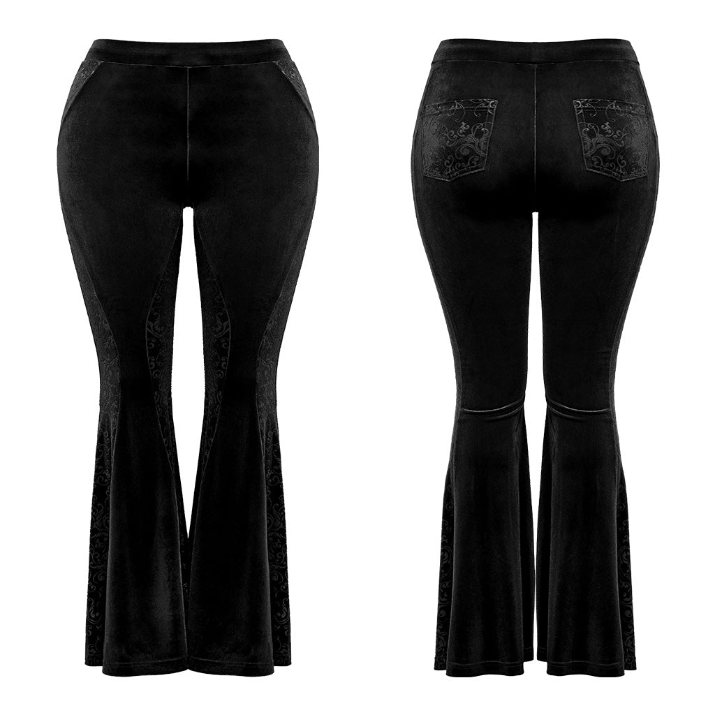 DK-640XCF Velvet Flared Gothic Pants With Embroidered Side Panels?-??Punk Rave Clothing